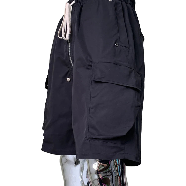 Lautaro Summer Autumn Black Cargo Shorts for Men High Elastic Waist Drawstring Pockets Loose Casual Short Straight Pants Clothes