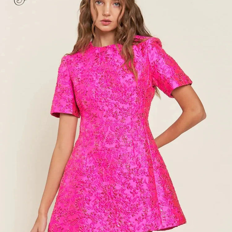 VC Elegant Dresses For Women Chic Beautiful Flower Jacquard Hot Pink Gowns Short Sleeve Mini Dresses Summer 2024