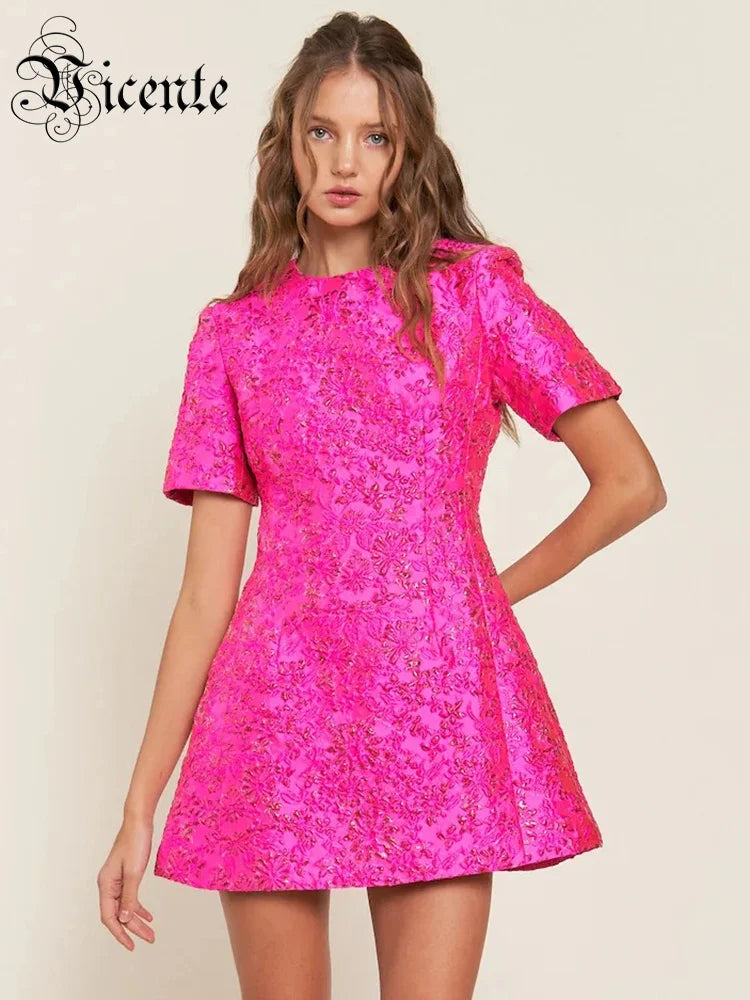 Elegant Dresses For Women Chic Beautiful Flower Jacquard Hot Pink Gowns Short Sleeve Mini Dresses Summer 2024
