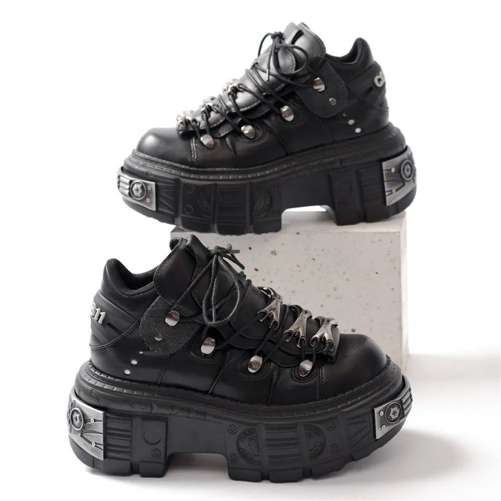 2025 Women Ankle Boots for Woman's Thick Bottom Lace-Up Metal Decoration Round Toe Platform Shoes Ladeis Punk Gothic Sneakers