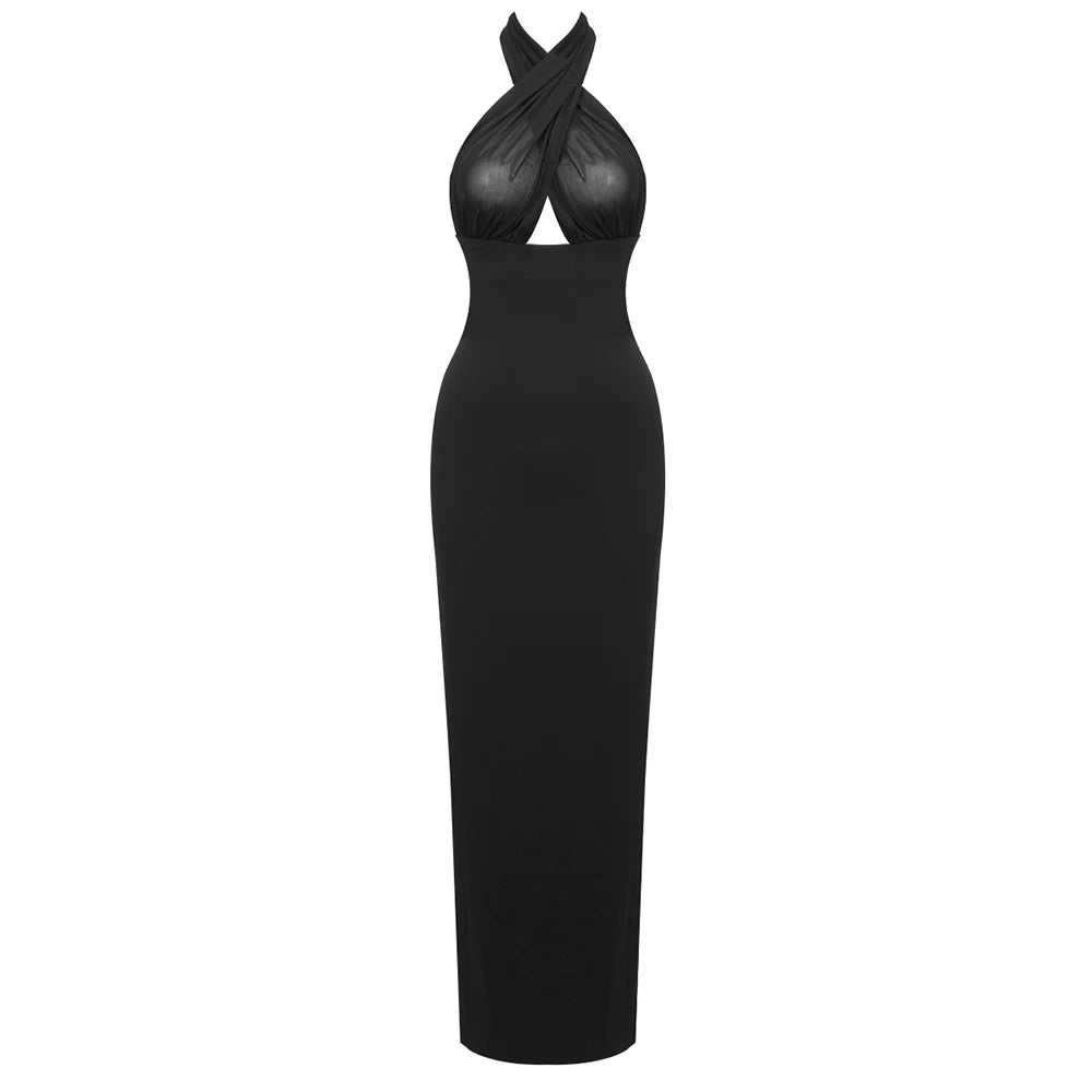 Long Ribbon Sexy V-Neck Sleeveless Halter Black Mini Ankle length Woman Birthday Party Dress Celebrity Evening Party Outfit black