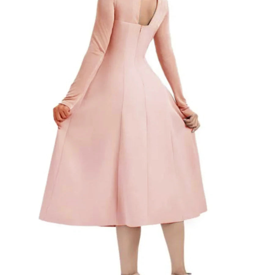 Solid Slimming Bead Elegant Dresses for Women Round Neck Long Sleeve Hollow Out Temperament Dress Female Clothing