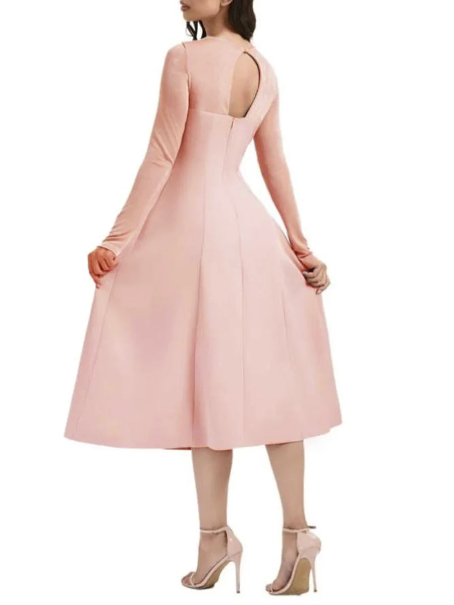 Solid Slimming Bead Elegant Dresses for Women Round Neck Long Sleeve Hollow Out Temperament Dress Female Clothing