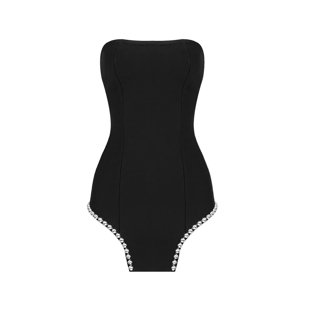 Sexy Strapless Balck Mini Dress Women Chic Rivet Design Bodycon Bandage Night Club Party Dress black