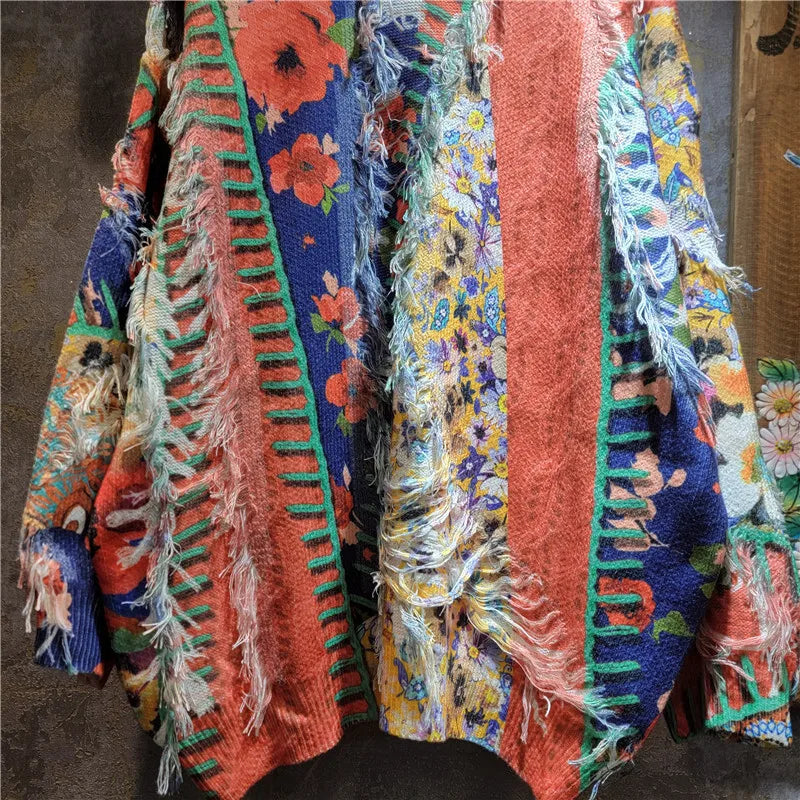 Autumn Winter New Fashion Elegant Casual Versatile Printed Knitted Tassel Sweater For Women Loose Pullover 11A07722