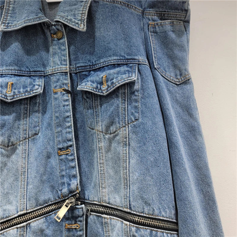 Autumn Winter New Fashion Denim Jacket For Women High Street Style Zipper Design Coat Female Trend 11A07631