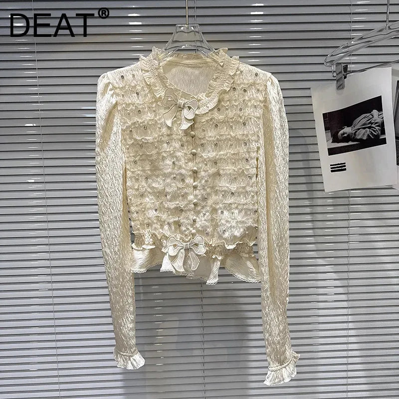 Winter New High-End Elegant Bowknot Pin Beaded Pleated Design Shirt For Women Versatile Blouse Female Trend 11A07851