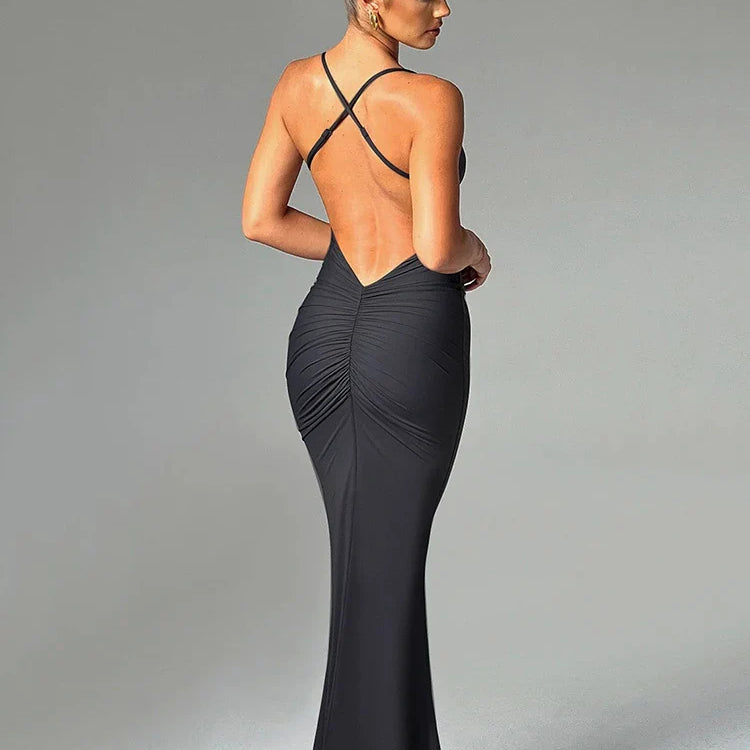 Spaghetti Strap Backless Sexy Maxi Dress For Women Fashion Summer New Sleeveless Bodycon Club Party Long Dress Elegant Black