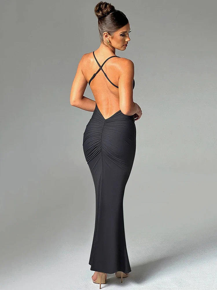 Spaghetti Strap Backless Sexy Maxi Dress For Women Fashion Summer New Sleeveless Bodycon Club Party Long Dress Elegant Black