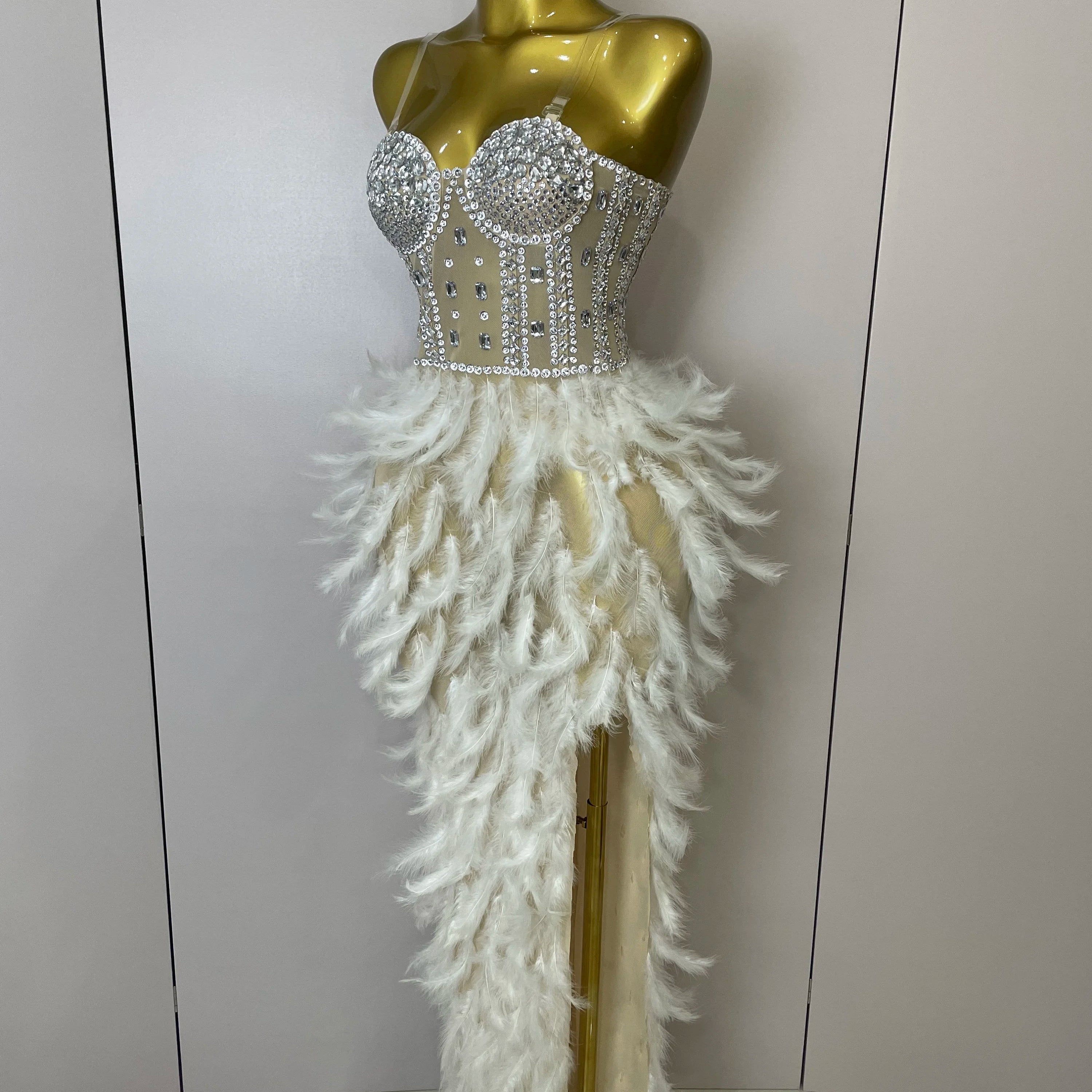 Stock 2025 Women Sexy Sparkly Rhinestone Mesh Feather Long Dress Elegant Evening Party Celebrate Birthday Performance Costume