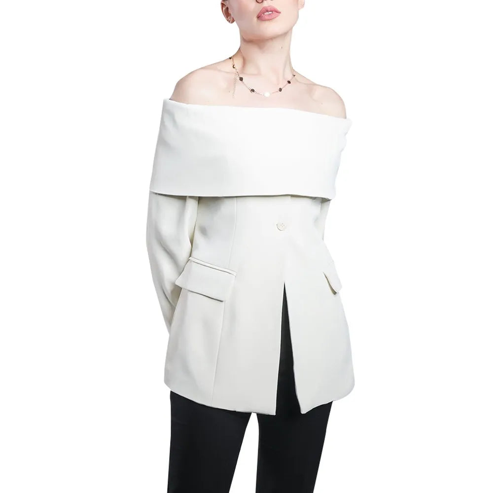 Solid Temperament Blazers For Women Slash Neck Long Sleeve Patchwork Pocket Minimalist Slim Blazer Female Fashion Apricot