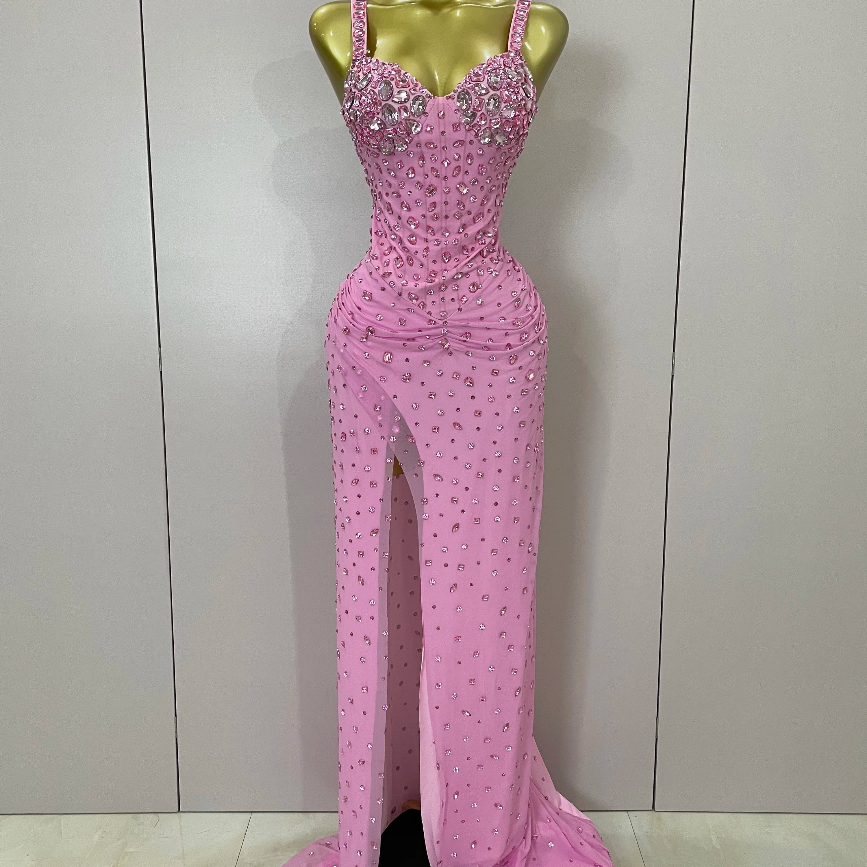 Luxury Pink Rhinestones Split Floor Length Dress 2025 Women Sexy Evening Celebrate Birthday Party Dress Photoshoot Stage Wear Pink