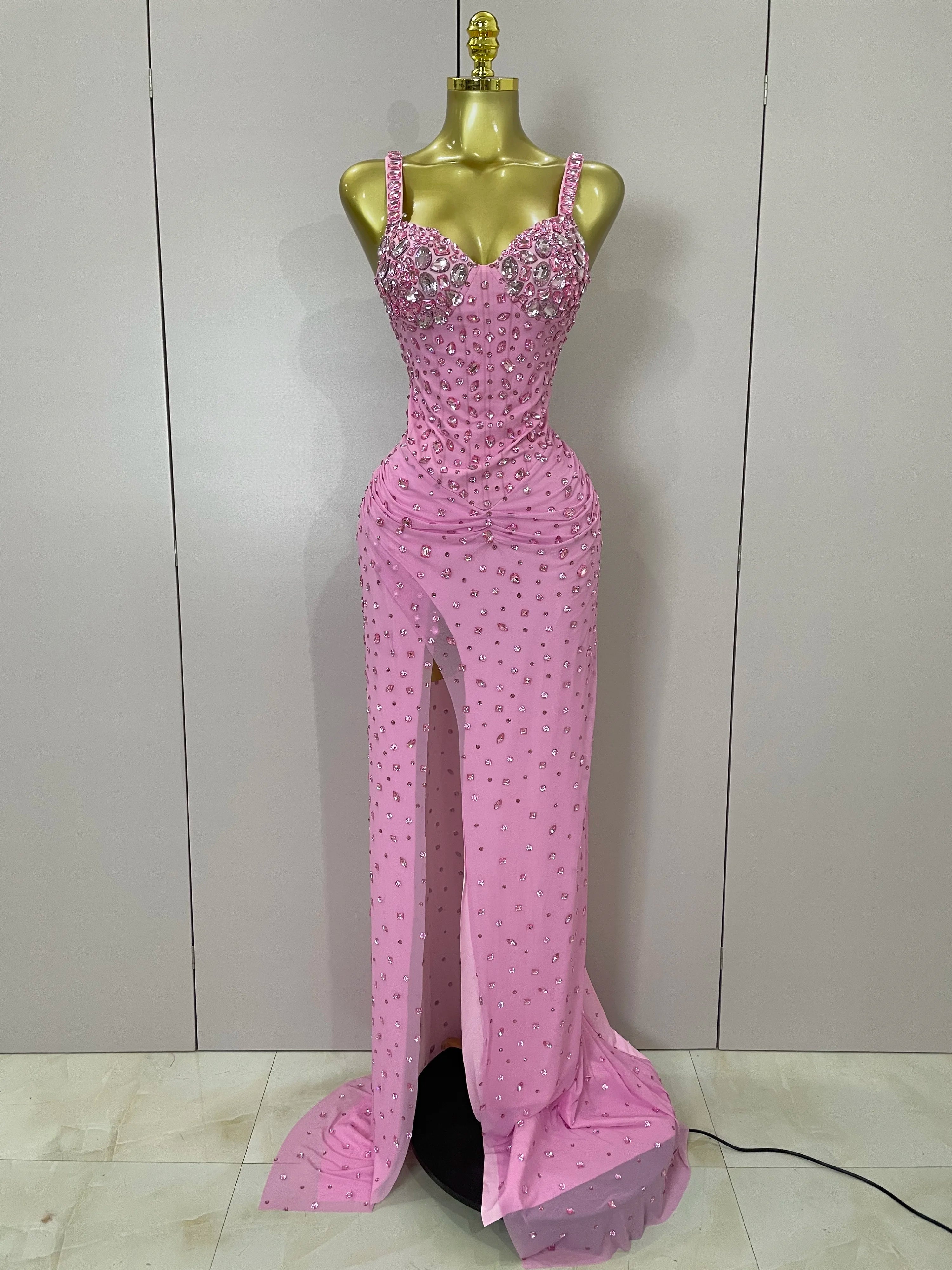 Luxury Pink Rhinestones Split Floor Length Dress 2025 Women Sexy Evening Celebrate Birthday Party Dress Photoshoot Stage Wear Pink
