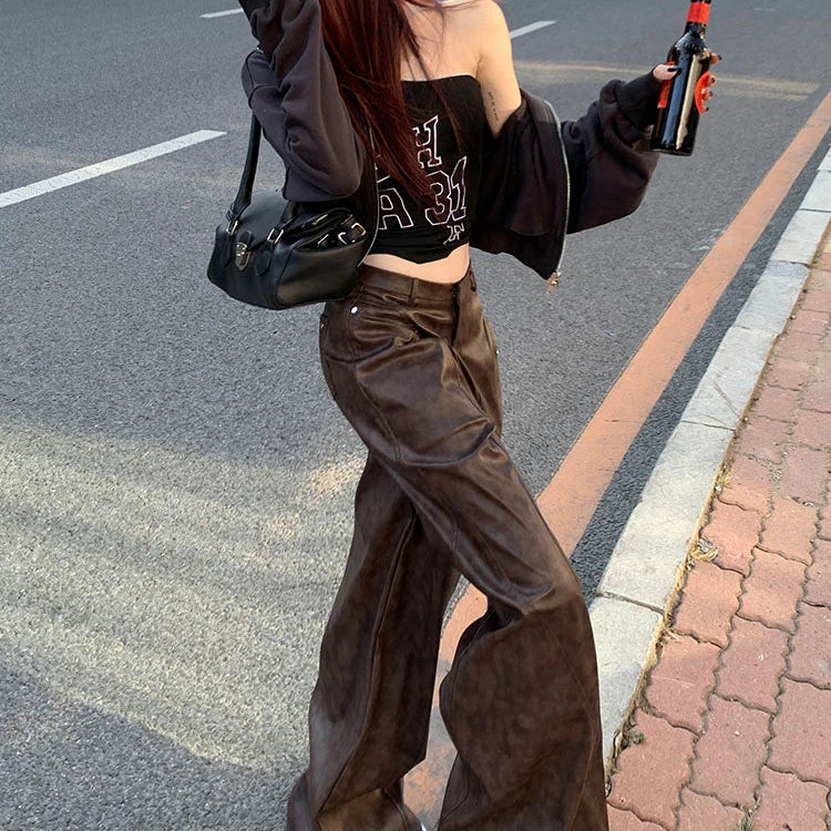 Spring Long Loose Casual Soft Distressed Brown Pu Leather Wide Leg Pants for Women High Waist Korean Style Fashion 2024