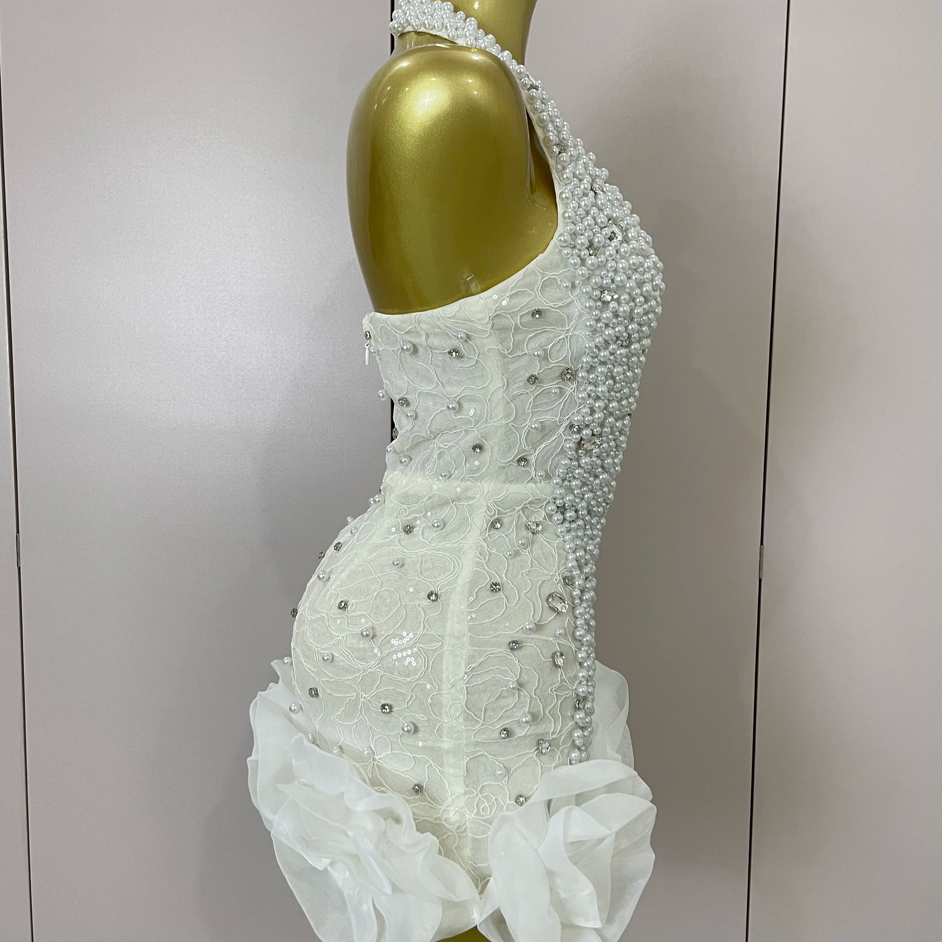 Luxury Shiny Diamonds Pearl Flowers Deep V Halter Short Dress Women Celebrate Eveing Celebrity Birthday Party Dress