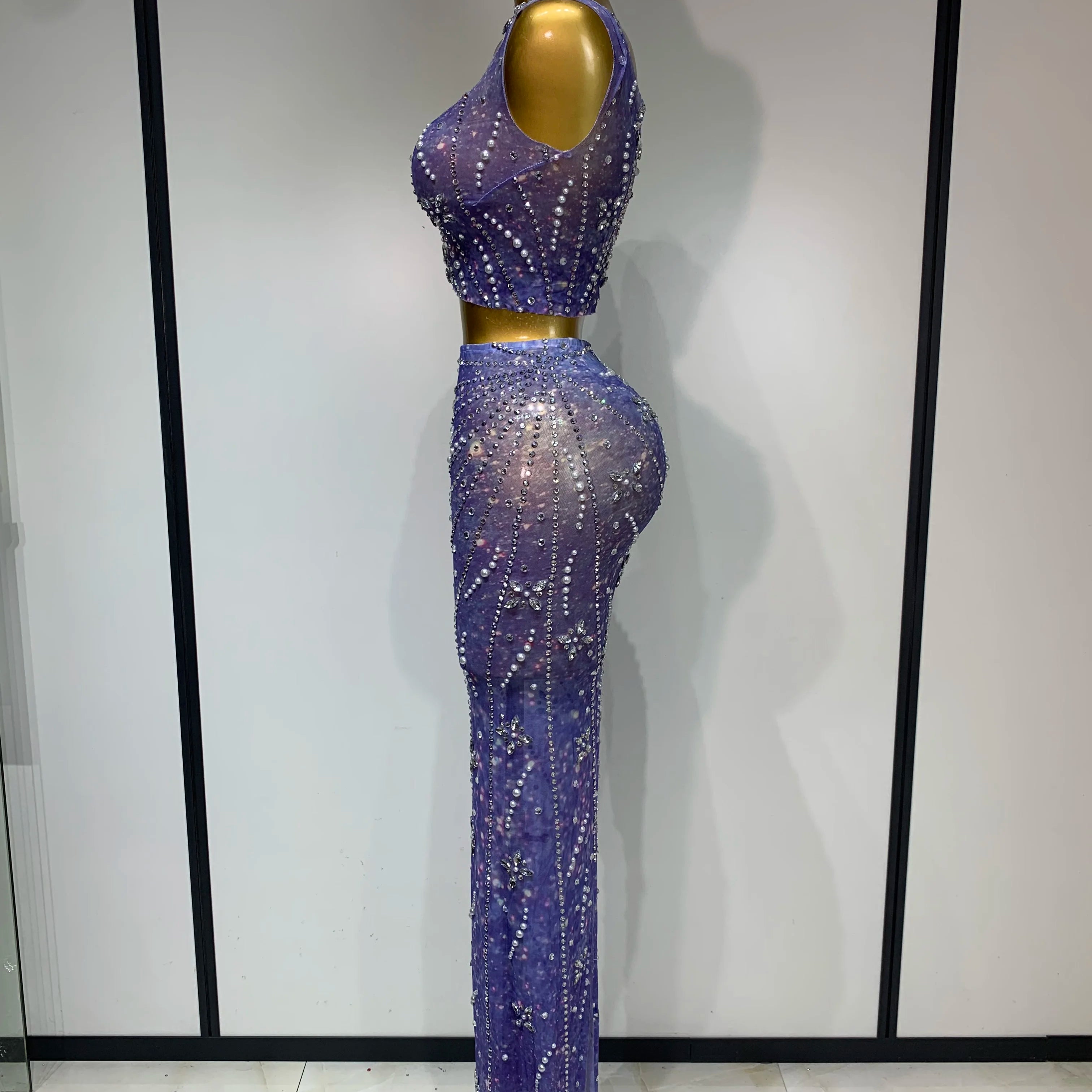 Sparkly Rhinestones Top Long Skirt Two Pieces Set Women Celebirty Luxury Birthday Dress Nightclub Stage Performance Costume