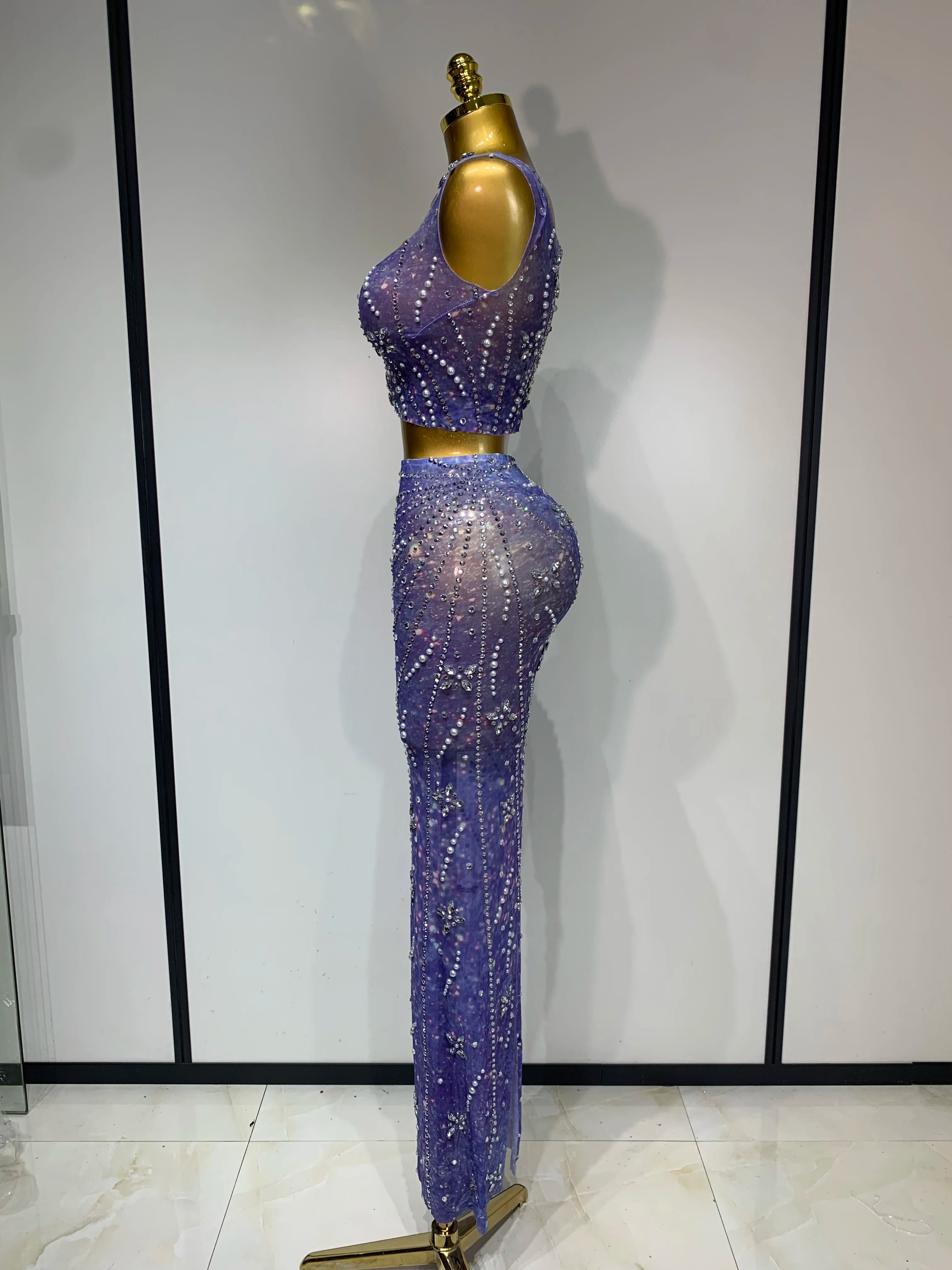 Sparkly Rhinestones Top Long Skirt Two Pieces Set Women Celebirty Luxury Birthday Dress Nightclub Stage Performance Costume