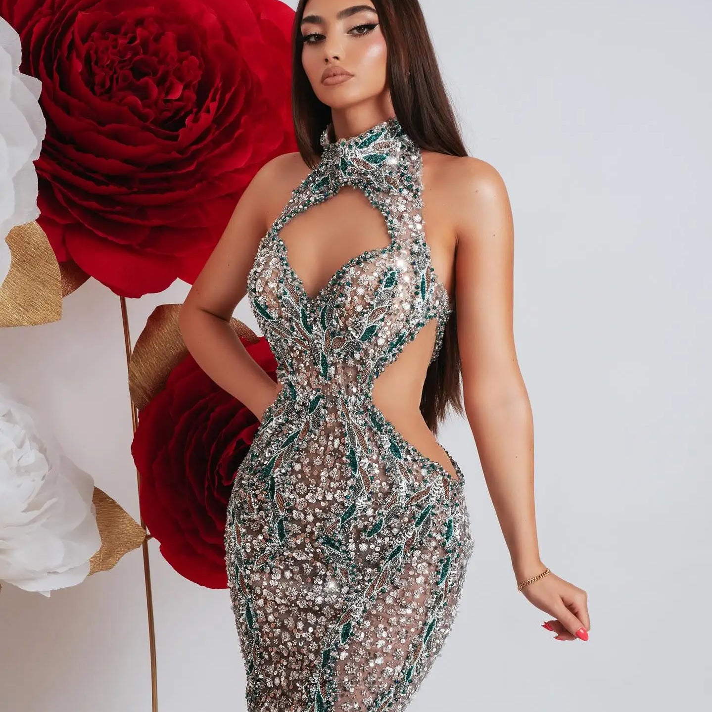 Sparkling Green Sequins Crystal Cut-Out Mermaid Sleeveless Dress Gown for Balls Party