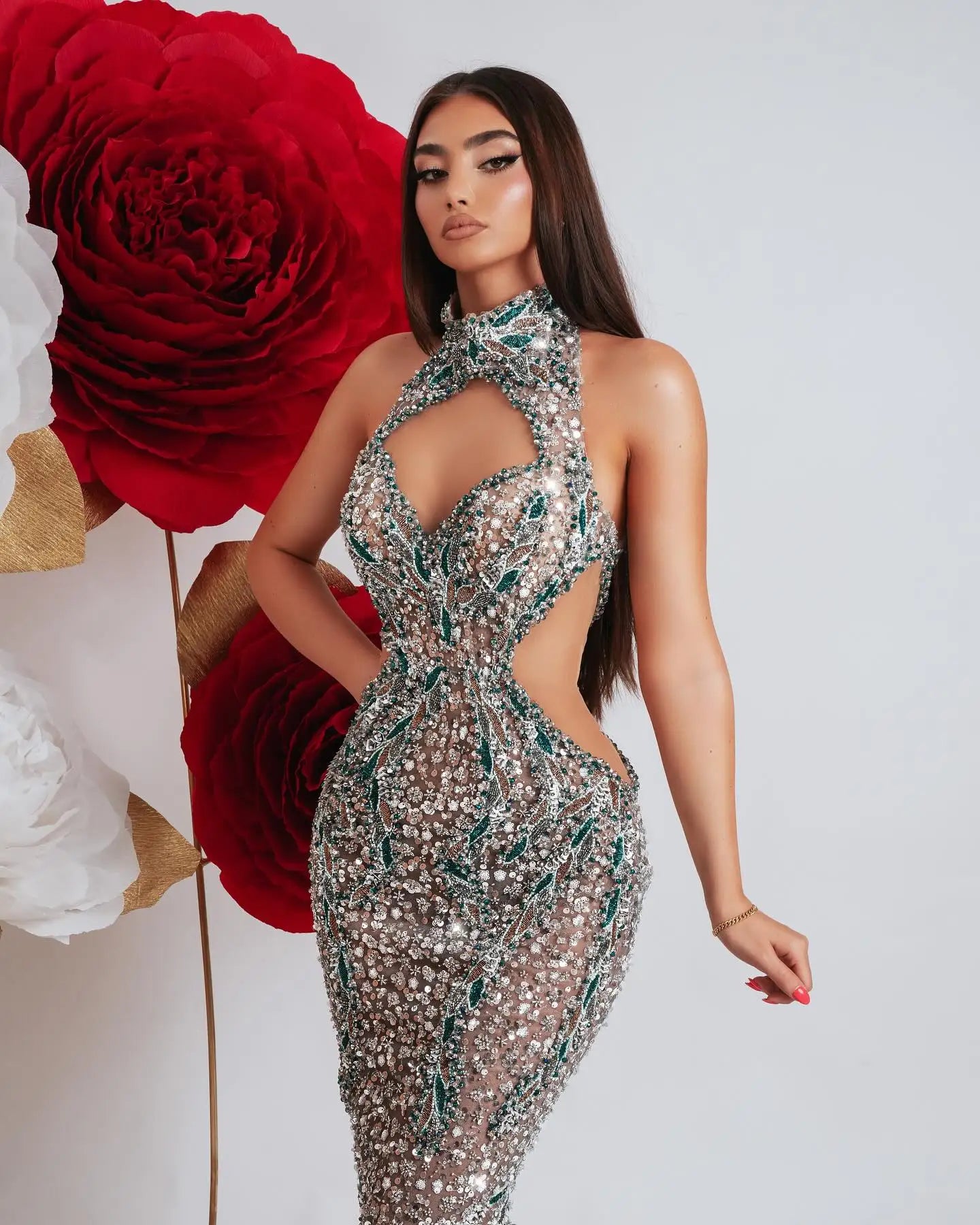 Sparkling Green Sequins Crystal Cut-Out Mermaid Sleeveless Dress Gown for Balls Party