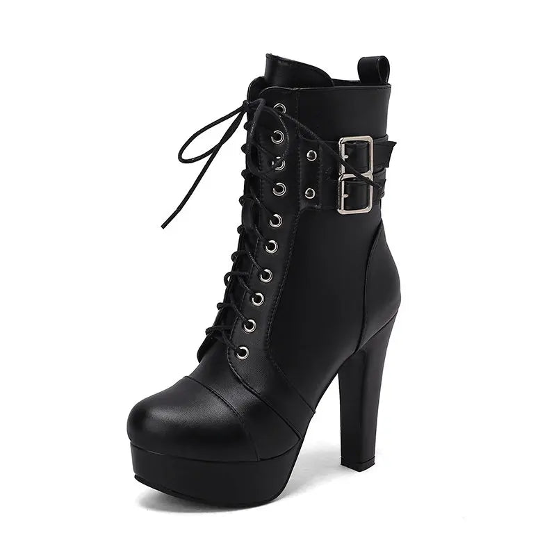 SIMLOVEYO Fashion Women Boots Round Toe Chunky High Heels 12cm Platform 2.5cm Lace Up Belt Buckles Size 47 48 49 50 Black
