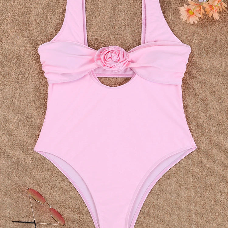 One Piece Swimsuit Women New Solid Sling U Neck Bandeau Bodysuit Swimwear Summer Two Piece Beach Wear Bathing Suit Female Pink