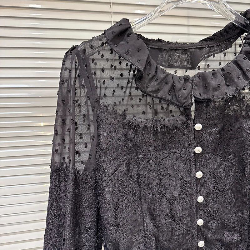 Winter New Fashion Sweet Pearl Button Patchwork Design Lace Blouse For Women Versatile Small Shirt Female 11A07895