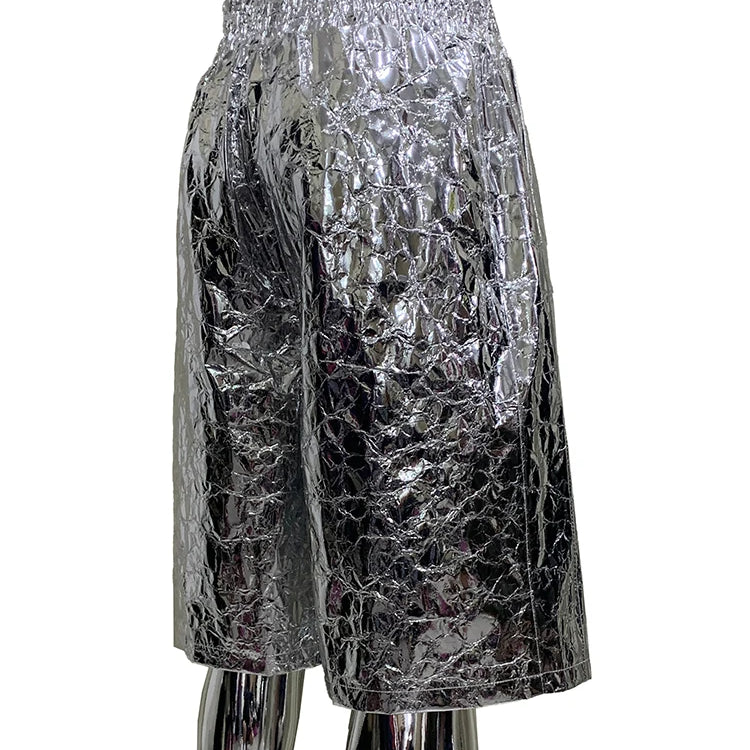 Lautaro Summer Autumn Shiny Silver Faux Leather Shorts for Men with High Elastic Waist Y2K Streetwear Emo European Clothes 2025