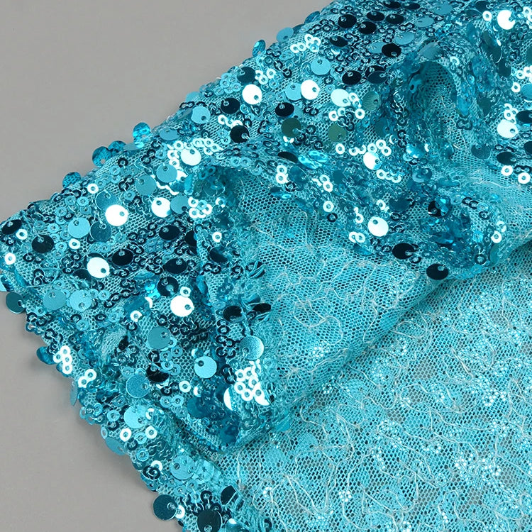 Opulent Cyan Cross Straps Sequin Crystal Detailing Dress for Fashion Galas Party Evening Gown