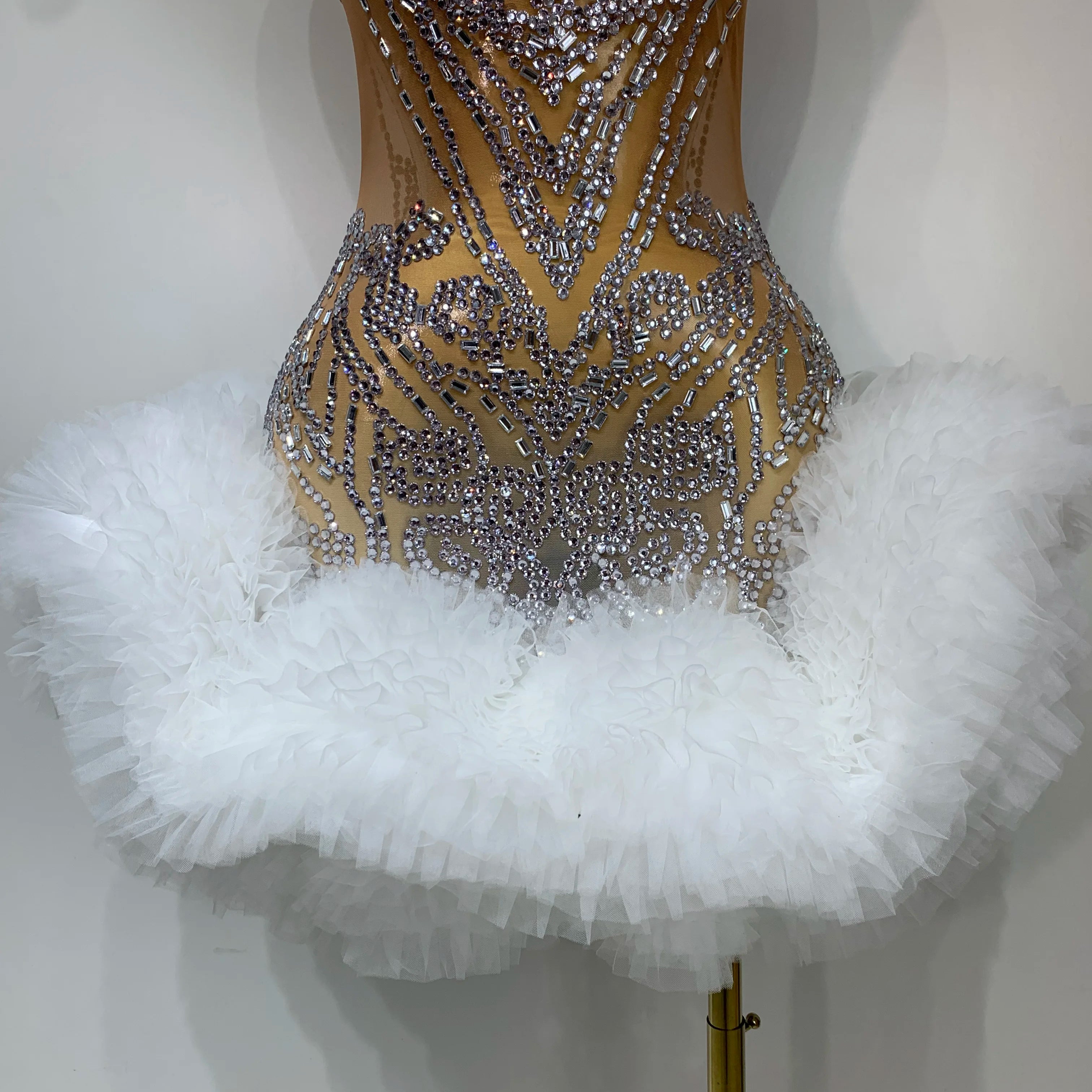 Luxury Women Sexy Sparkly Rhinestone Sleeveless Mesh See Through Bodycon Mini Birthday Dress Evening Party Performance Costume
