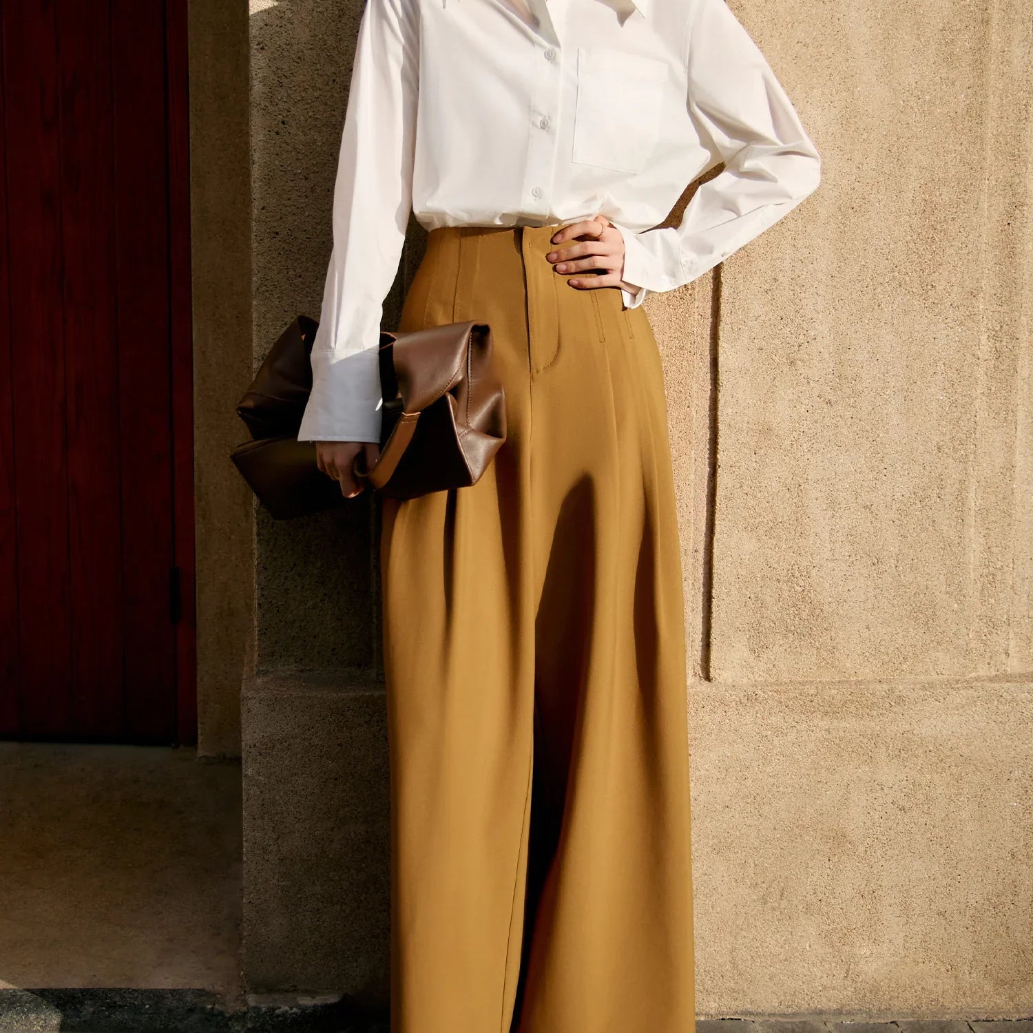 DUSHU Women Loose Full Length Trouser Temperament Black All-Match Female Autumn Long Pants Caramel Color Wide Leg Pant 24DS83256