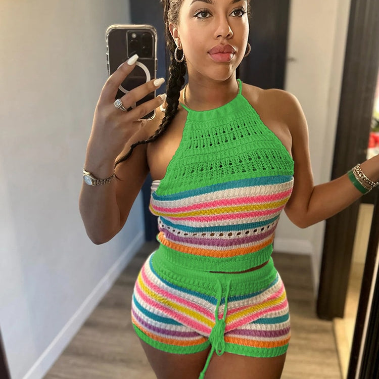 Wishyear Sexy Backless Halter Crop Top and Shorts Suit Two Piece Sets for Women Tracksuit Knitted Crochet Co Ord Summer Outfits Green