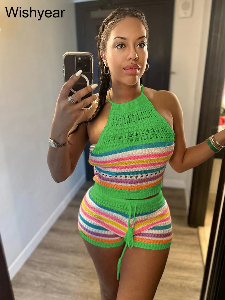 Wishyear Sexy Backless Halter Crop Top and Shorts Suit Two Piece Sets for Women Tracksuit Knitted Crochet Co Ord Summer Outfits Green