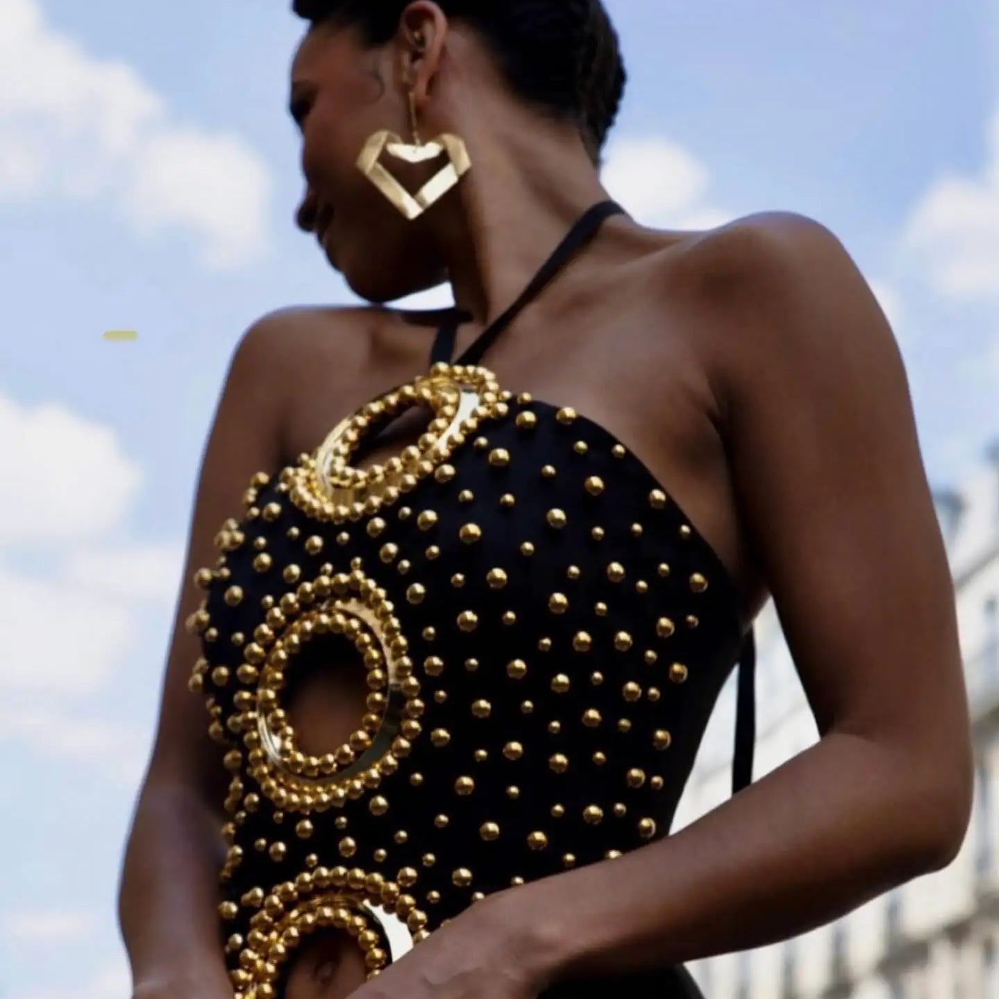 Black Color Women Sexy Halter Off the Shoulder Golden Beading Bodycon Bandage Long Dress Evening Party Celebrate Outfit