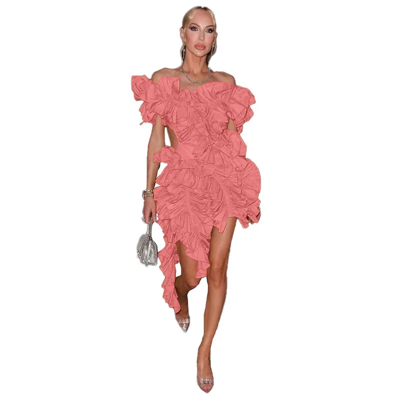 Women Edible Tree Fungus Tierred High Low Asymmetrical Ball Gown Dress 2023 Sexy Club Party Evening High Street Dresses Pink