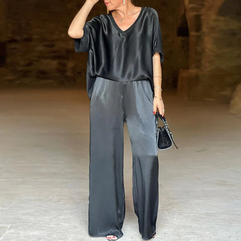 Plain V Neck Top Pullover and Wide-leg Pants Outfit Sets for Women Spring Loose Satin Suit Summer Short Sleeve T-shirt Two Piece Black