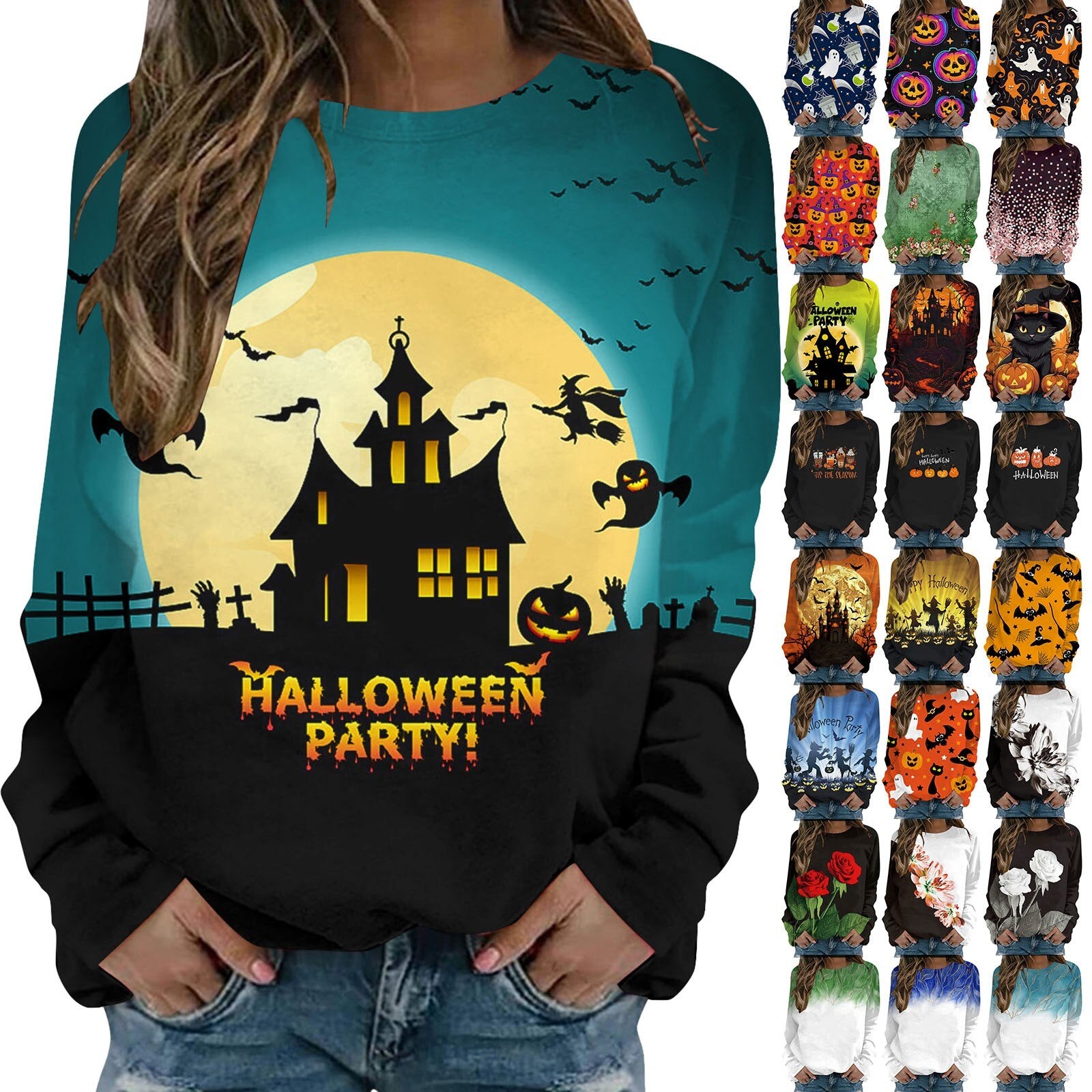 Women's Autumn Halloween Long Sleeved Round Neck Printed Lightweight Pullover Hoodless Sweatshirt Crop Fleece Sweater Womens