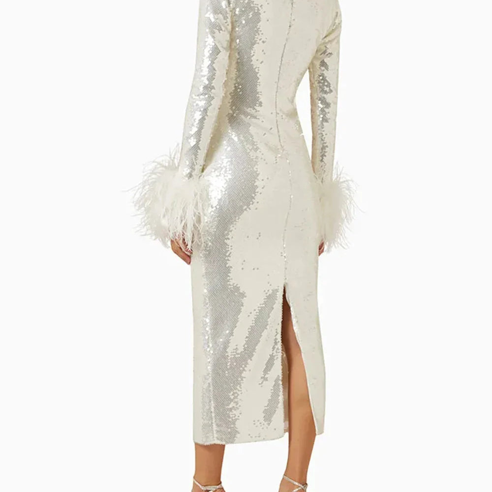 Modphy Women O Neck Long Sleeve Luxury Sequin Feather Bodycon Dress White Elegant Skinny Dress Celebrity Evening Party