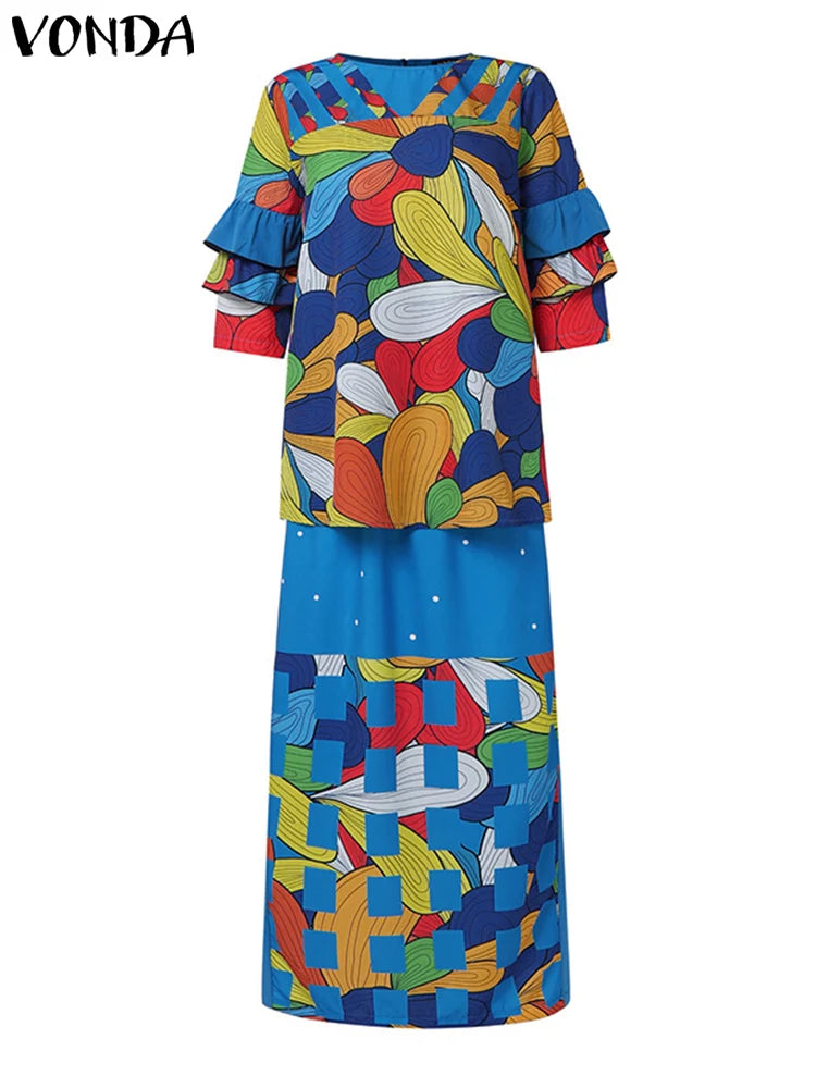 Plus Size 5XL VONDA Women Sets Vintage Dress Suits Fashion Flare Sleeve Floral Printed Tops And A Line Skirts 2025 Matching Sets Blue