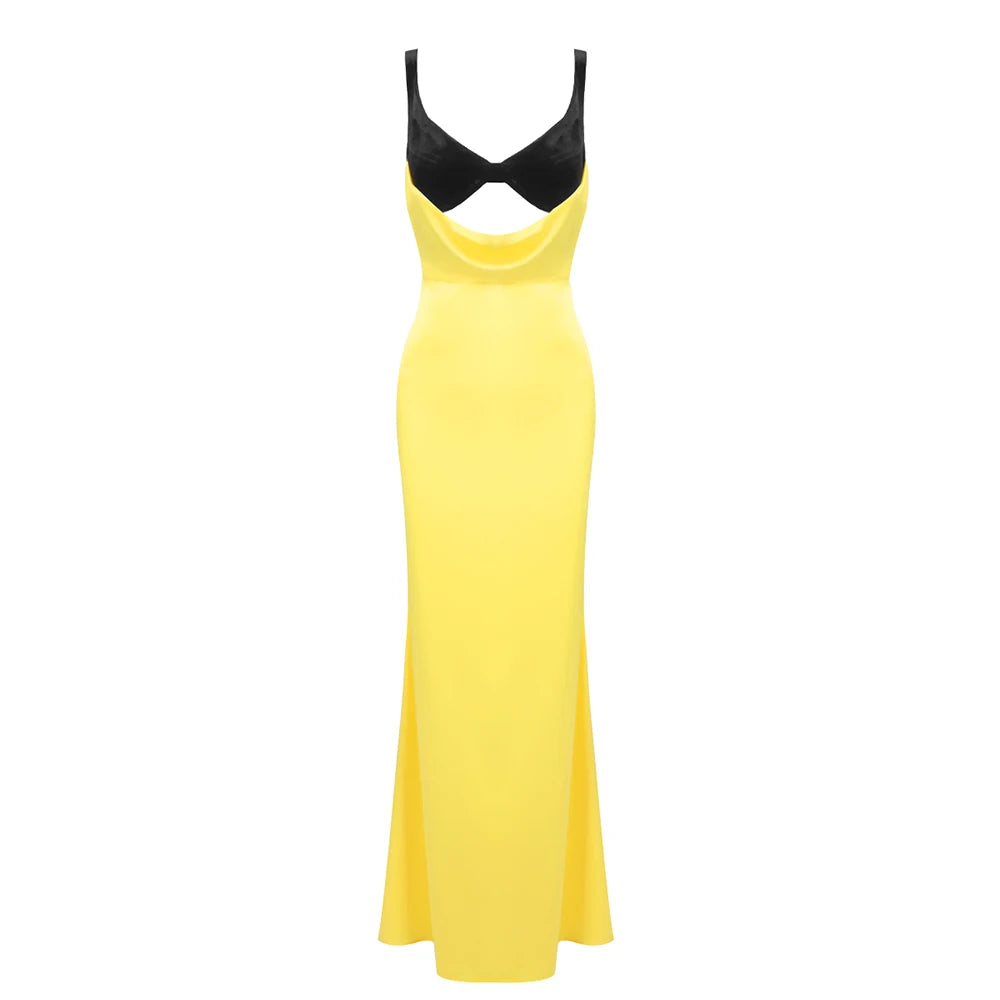 Women Cut-out Long Dress Temperament Contrast Color Combo V Neck Suspender Backless Slit Slim Mermaid Party Evening Gowns Yellow