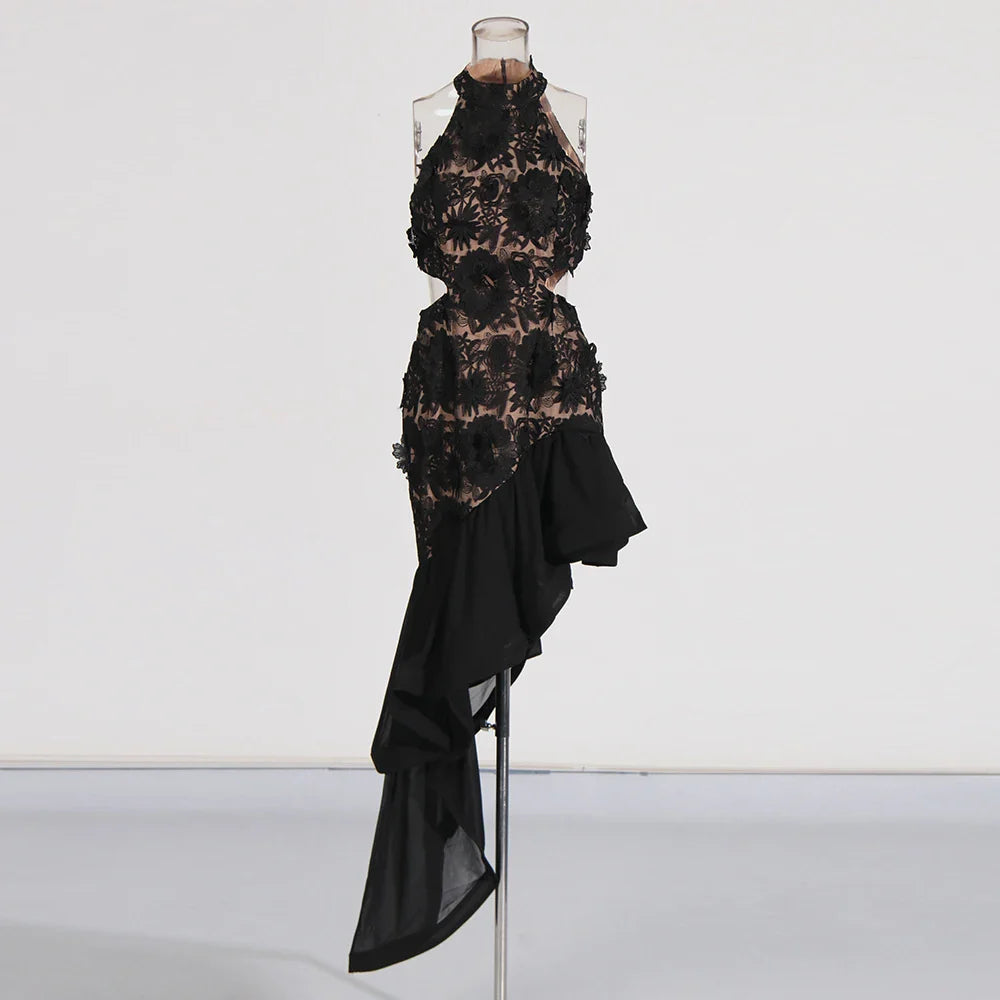 Asymmetrical Hollow Out Dresses For Women Round Neck Sleeveless High Waist Embroidery Slimming Dress Female Style BLACK