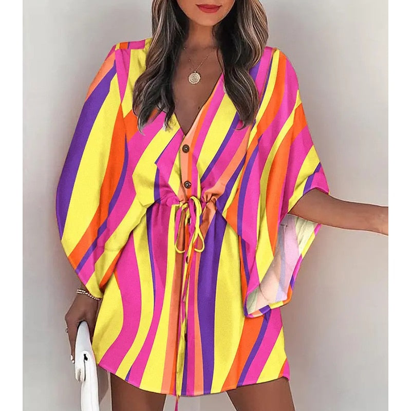 Summer Boho Mini Dress - Flora Print Batwing Sleeve Lace-Up V Neck Loose Button Dresses Ladies Beach Party Dress Vestido style2