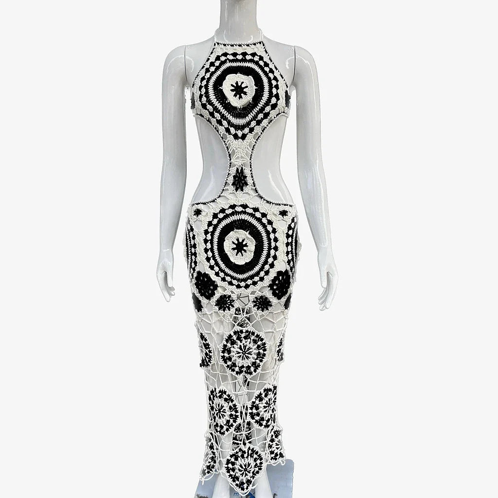 Crochet Knit Long Maxi Dress for Sexy Women Fashion Cream Combo Halter Backless Hollow Out Summer Club Party Dresses Outfit Cream Combo