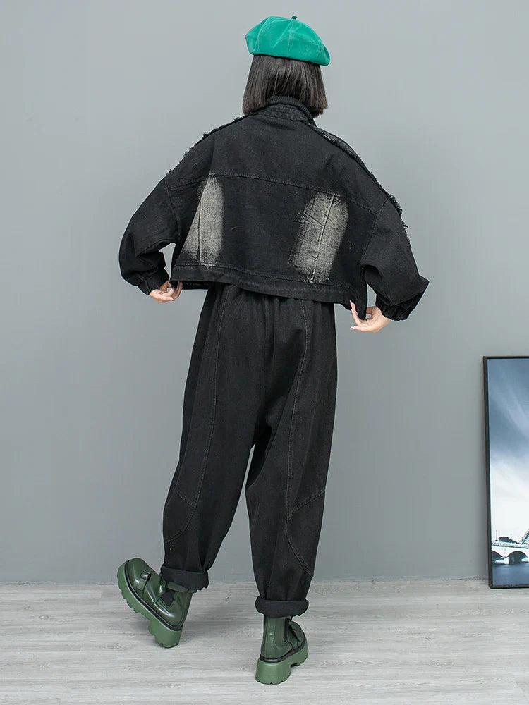 Spring Autumn New Trendy Cool Personality Distressed Long Sleeved Denim Jacket + Harem Pants Two-piece Set Women LX154