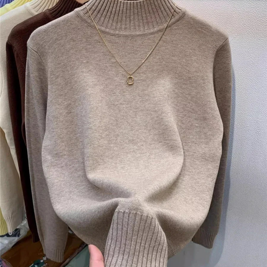 Candy Color Half Turtleneck Sweater Pullover Women Fall Winter Slim Soft Knitwear Jumper Korean Casual Warm Knit Long Sleeve Top oatmeal