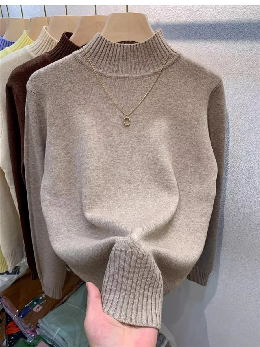 Candy Color Half Turtleneck Sweater Pullover Women Fall Winter Slim Soft Knitwear Jumper Korean Casual Warm Knit Long Sleeve Top oatmeal
