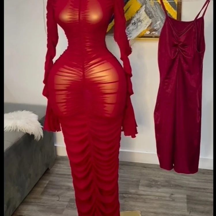 Women Flare Long Sleeve Stacked Ruched Mesh See Though with Tank Dress Maxi Long Dress 2025 Birthday Sexy Party Dresses Red