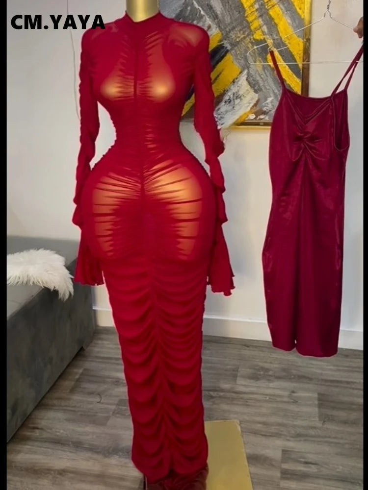 Women Flare Long Sleeve Stacked Ruched Mesh See Though with Tank Dress Maxi Long Dress 2025 Birthday Sexy Party Dresses Red