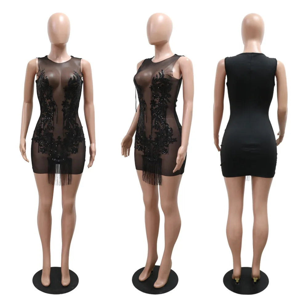CM.YAYA Women O-neck Sequined Tassel Mini Dress Sleeveless Mesh See Through Sexy Pencil Dresses Sexy Fashion Vestidos Summer