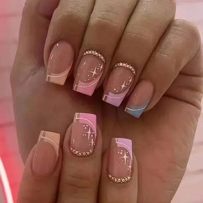 24Pcs Fashion Fake Nails Press on Short Square Head False Nail Art Black Starlit Sky Design Artifical Full Cover Nail Tips 767 1