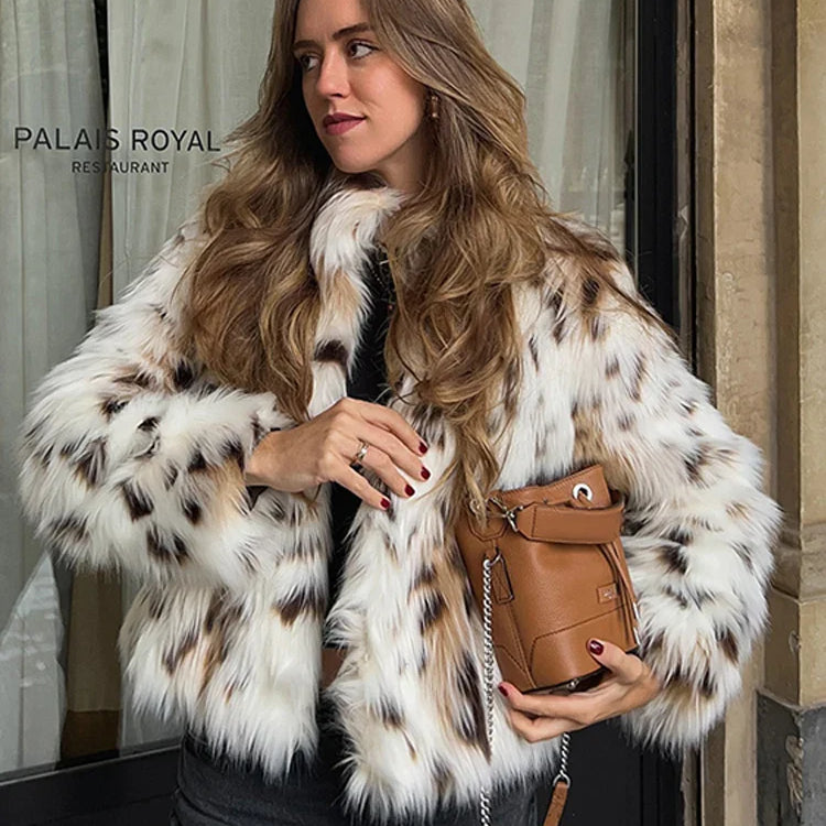 Leopard Faux Fur Coat Women Short Autumn Winter Plush Stand Collar Panelled Jacket Female Warm Stylish Outerwears Lady Casual